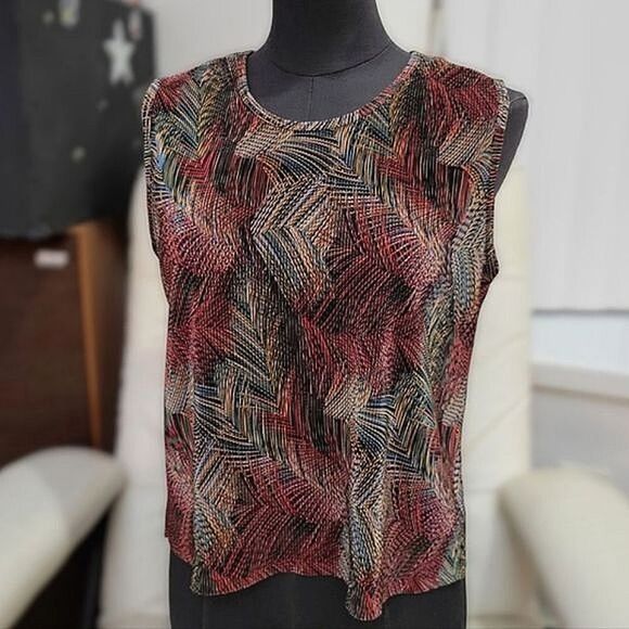 Vtg crimped dark red abstract palm print sleeveless blouse - Picture 2 of 8